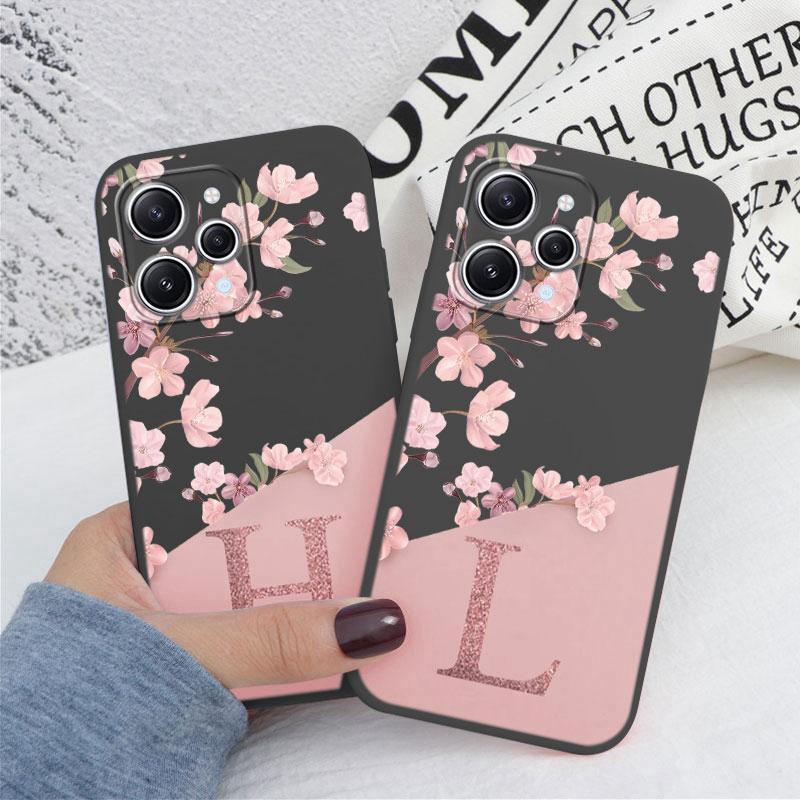 For Redmi 12 Note 14 Pro Phone Case Pink Flowers Initial Letter A To Z Silicone Soft Back Cover Alphabet Coque Shell Couple Capa