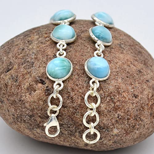 925 Sterling Silver Larimar Bracelet Sky Blue Color Round Cabochon Shape Natural Larimar Link Bracelet Gift for Women (19.77 Cts)