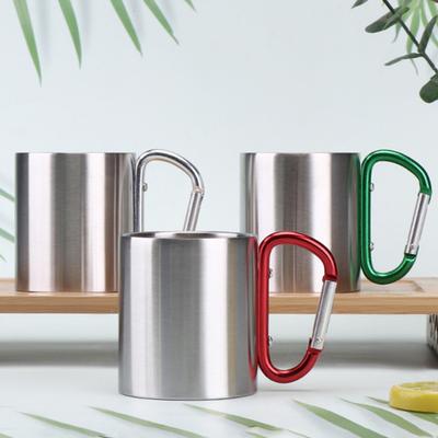 Stainless Steel Cup 220ml Double-layered Cup for Camping Traveling Handle Carabiner Backpacking Hiking Portable Cups Outdoor Tea Coffee Mug