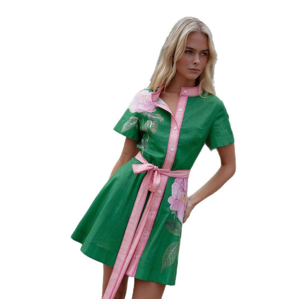 Summer Cross-Border Women's Casual Print Tie-Up Dress