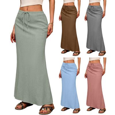 Boho Style Maxi Skirt High Waist Adjustable Drawstring Long Skirt with Back Split Design Solid Color Office Lady Skirt