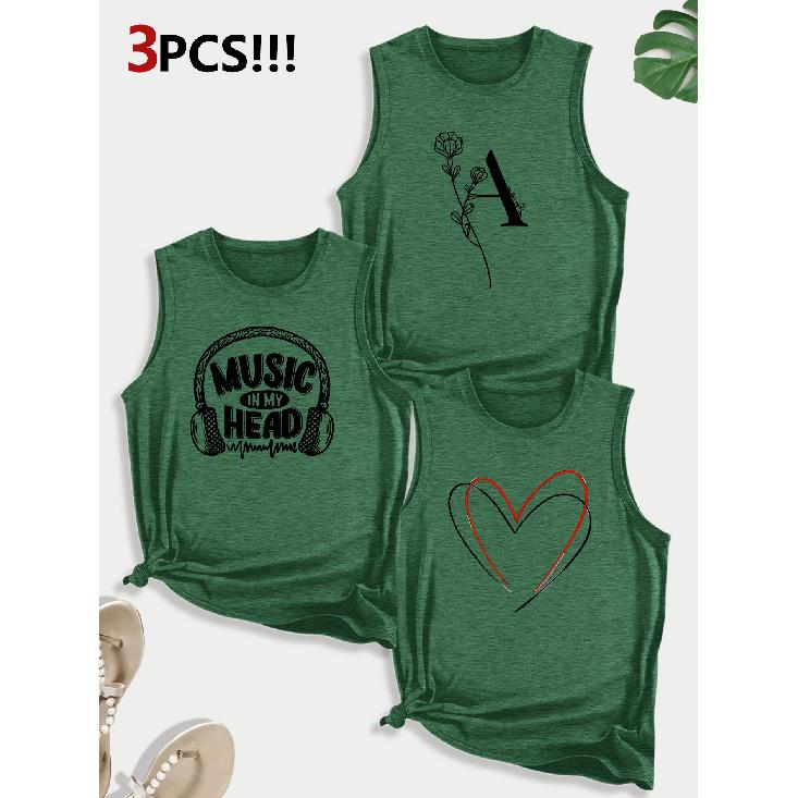 Music-themed Letter and Heart Combination Gift Print Pattern Round neck3Pack of Sleeveless Vests for Women In Spring, Summer, and Autumn