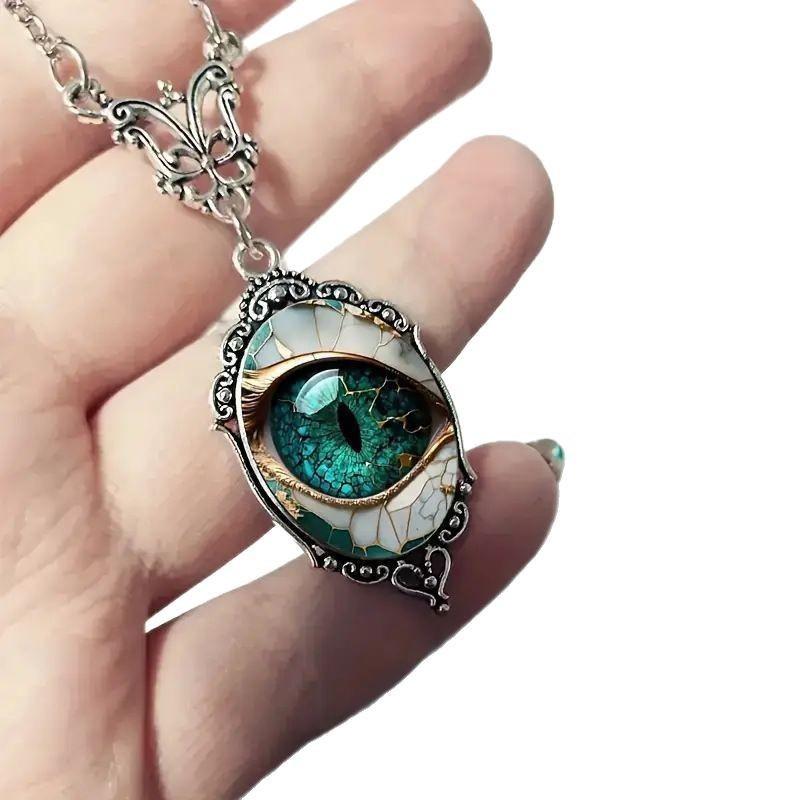 Butterfly Accessories and Green Snake Eye Pattern Oval Pendant Necklace Jewelry