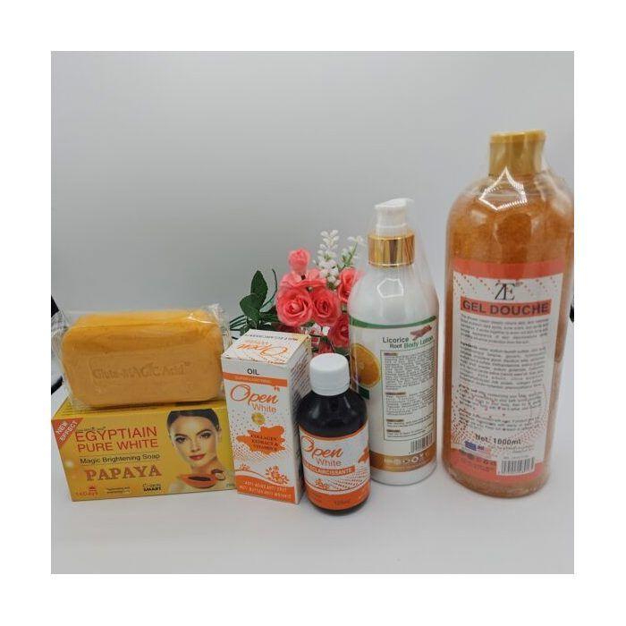 Gamme corporelle Open White – Gel Douche, Huile, Lait Licorice Root &amp; Savon Purec Egyptian Gold Papaya