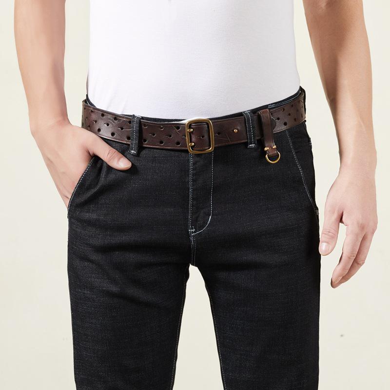 Korean Style Double Pin Buckle Leather Belt for Men - Genuine Cowhide Retro Youth Jeans Waist Belt