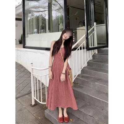 Women's Clothing Seaside Vacation Style Suspender Dress New Girl Summer Thin Meat Skirt Plaid Skirt