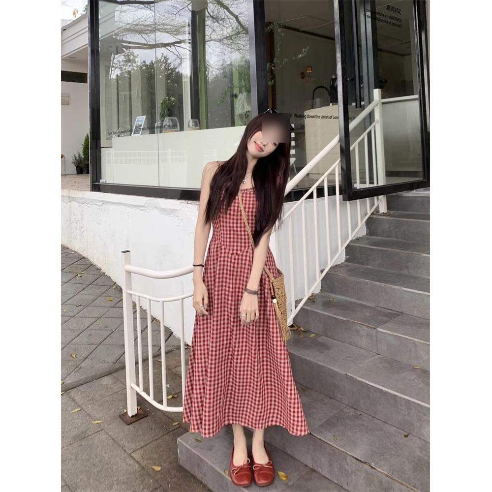 

Женская одежда стиль морского отдыха платье на бретелях новое лето тонкая юбка для пышных фигур клетчатая юбка XL- (recommended 110-60kg)