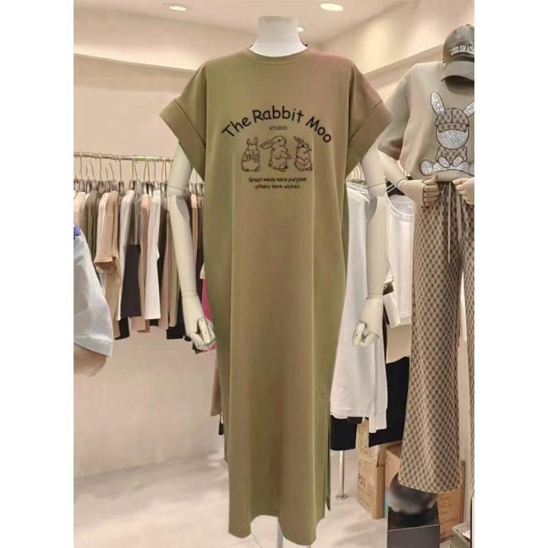 

Printed T-shirt Dress, Loose and Casual Oversized Long-sleeved Dress M хаки