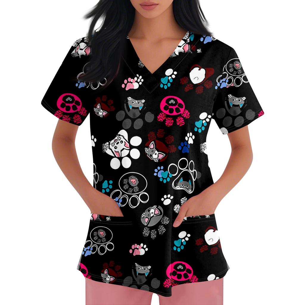 Women's V-neck Cartoon Printed Short-sleeved Pocket Side-slit Protective Suit Top