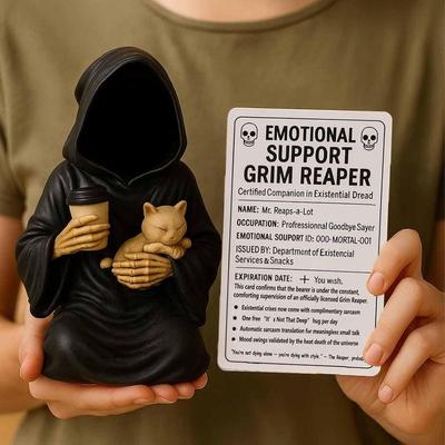 Figurină Moartea Suport Emoțional Statuie Rășină Moartea Ținând Cafea & Pisică Cu Card de Suport Emoțional