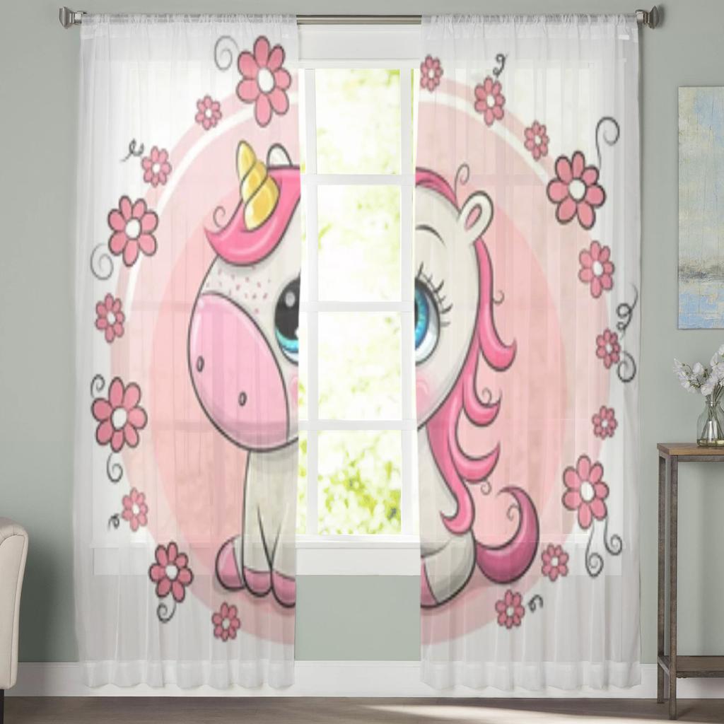 Draperii transparente cu unicorn din desene animate drăguțe pentru fereastră din sufragerie perdea transparentă din tul din voal draperii pentru dormitor