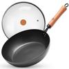 WANGYUANJI Deep Iron Frying Pan, 28cm, 7cm Deep, Nitrided Iron, Rust-Resistant, with Transparent Glass Lid and Natural Wood Handle, Ideal for Cooking