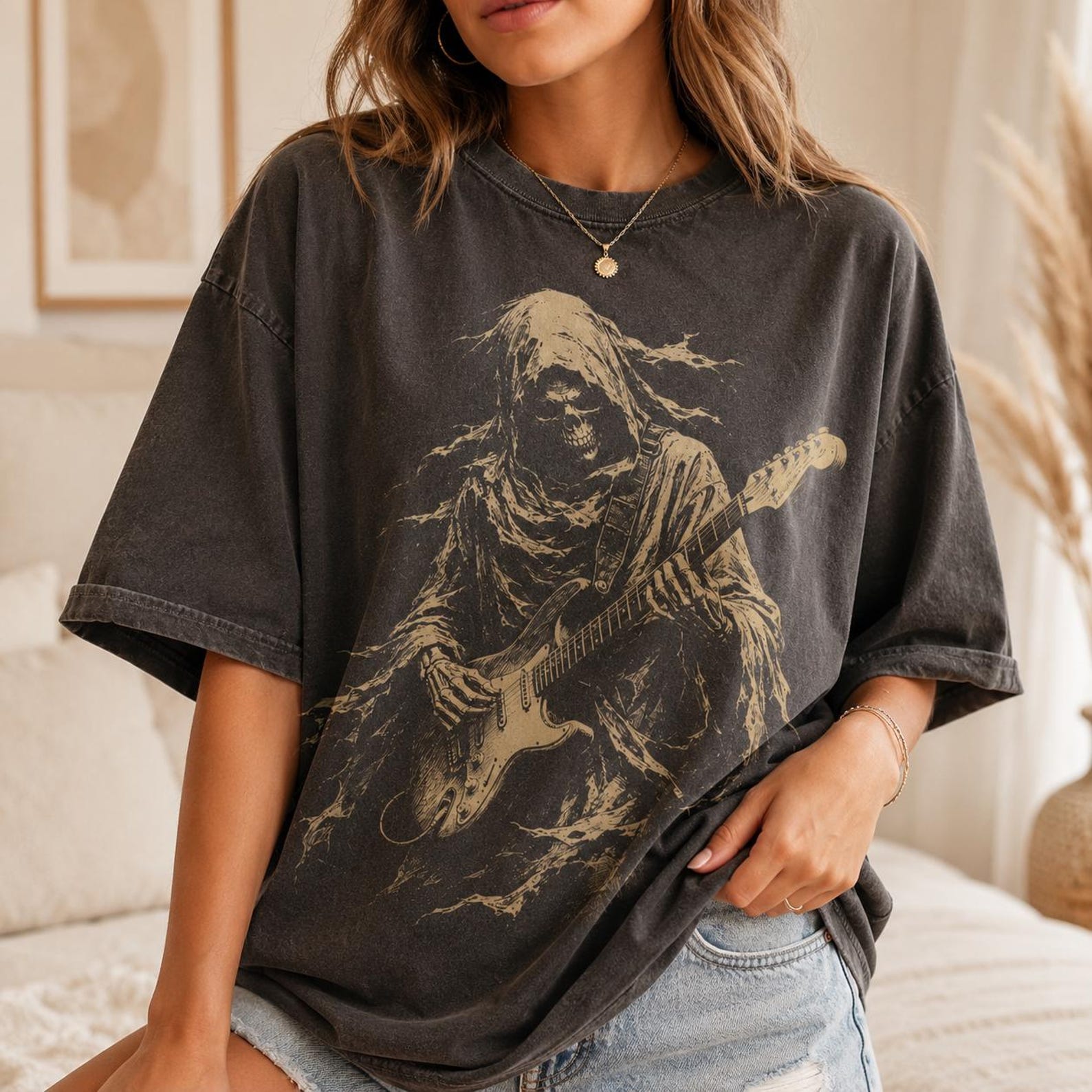 Grim Reaper Guitar T-Shirt, Vintage Skeleton Rock Tee, Gothic Metal Graphic M