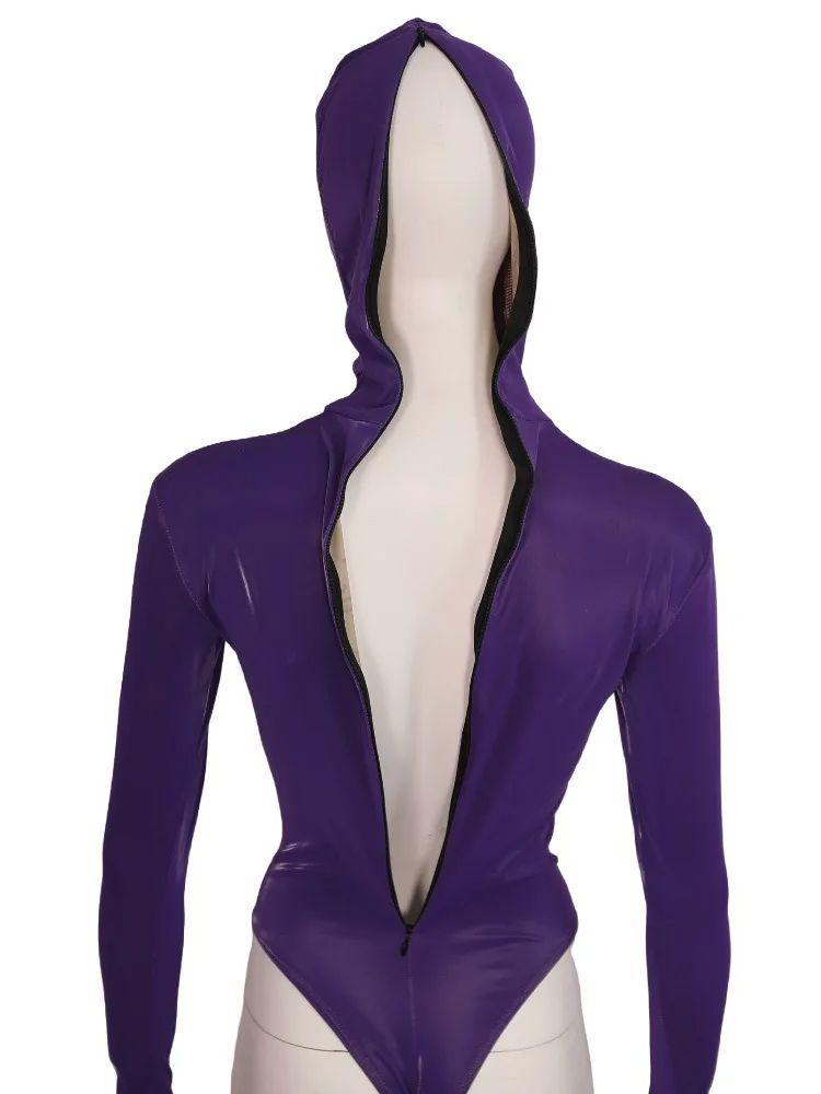 Xs-4Xl Unisex Pu Leather Hooded Separate Fingers Catsuit Hollow Out Bust Open Crotch Bodysuit Tights Sexy Body Teddies Leotard
