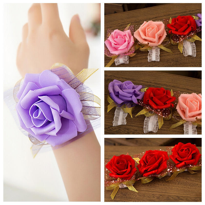 Bridesmaid Wrist Corsage Wedding Party Rose Bracelet Silk Flowers Ribbon
