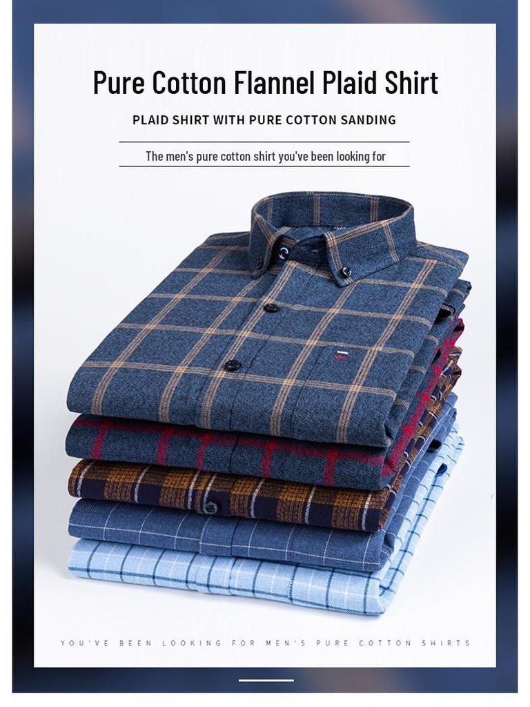 Men's Plaid Cotton Long Sleeve Slim Fit Shirt - Non-Iron, Plus Size, Casual Business Attire for Middle-Aged and Elderly