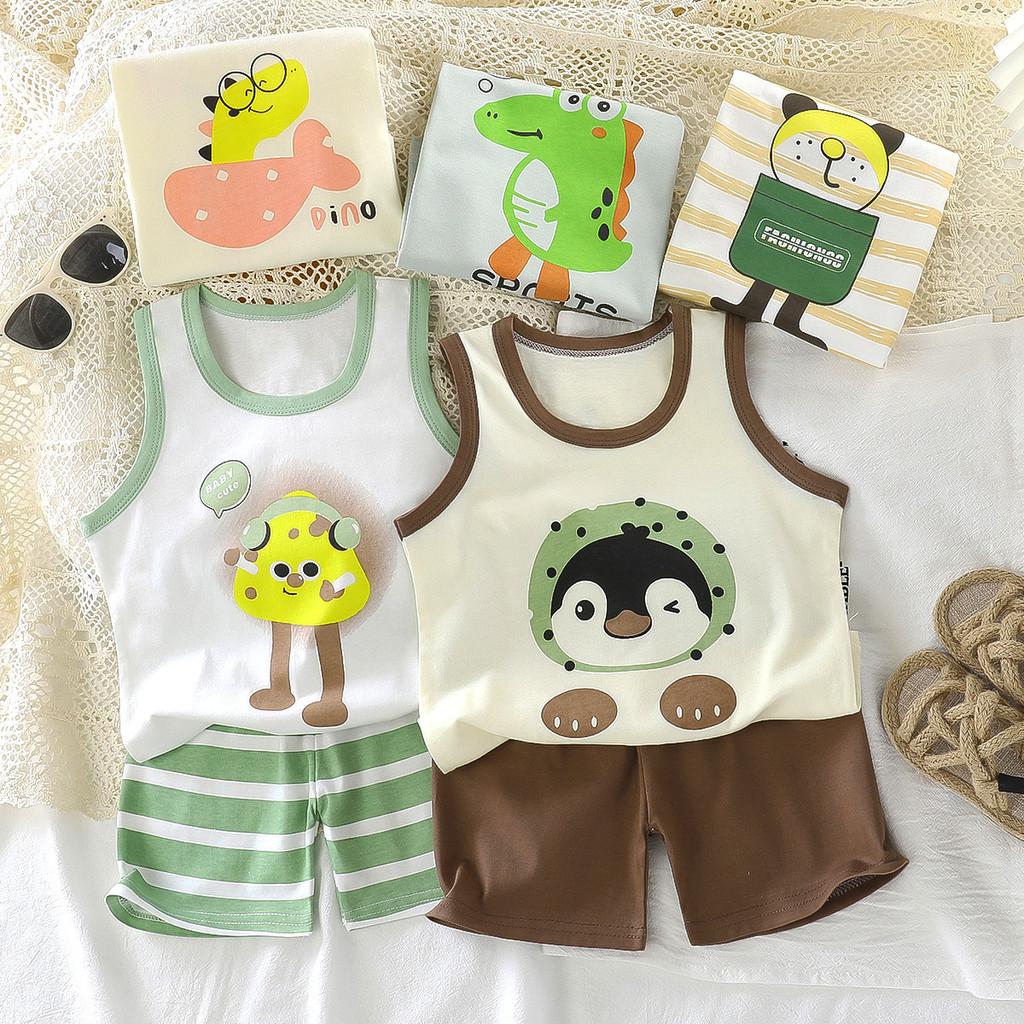 Baby Summer Cotton Sleeveless Shorts Set With Cartoon Prints For Toddler Boys And Girls