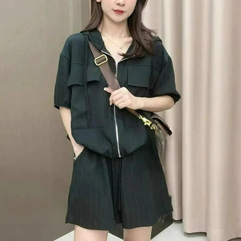 Large Size Sports Suit Women s Summer Fat Mm Fashion Loose Hooded Comfortable Casual Shorts Two-piece Suit S чёрный