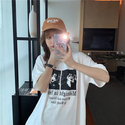 Summer new American printed lower clothes missing medium and long loose top white short-sleeved T-shirt women's ins tide