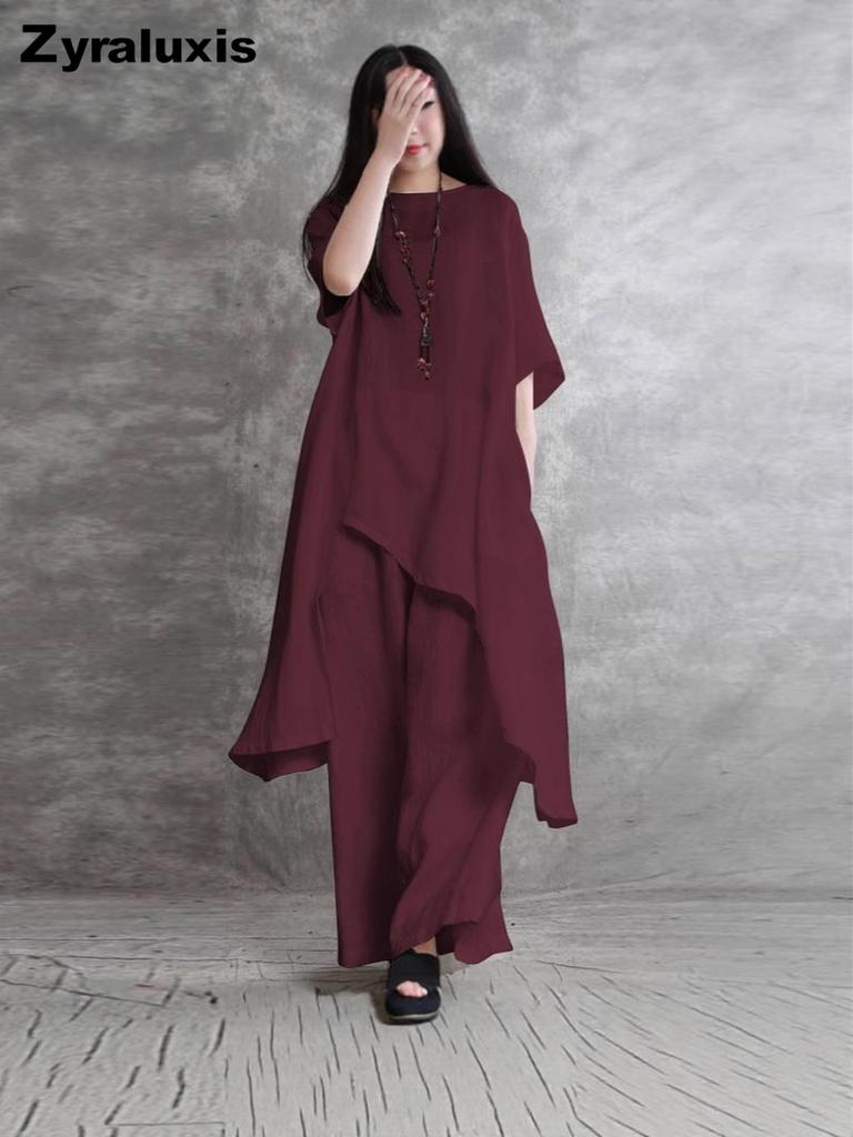 Großgröße Baumwolle Leinen 2-teiliges Sportswear-Set Damen Kurzarm Rundhals Oberteil Hose Dopamin Set