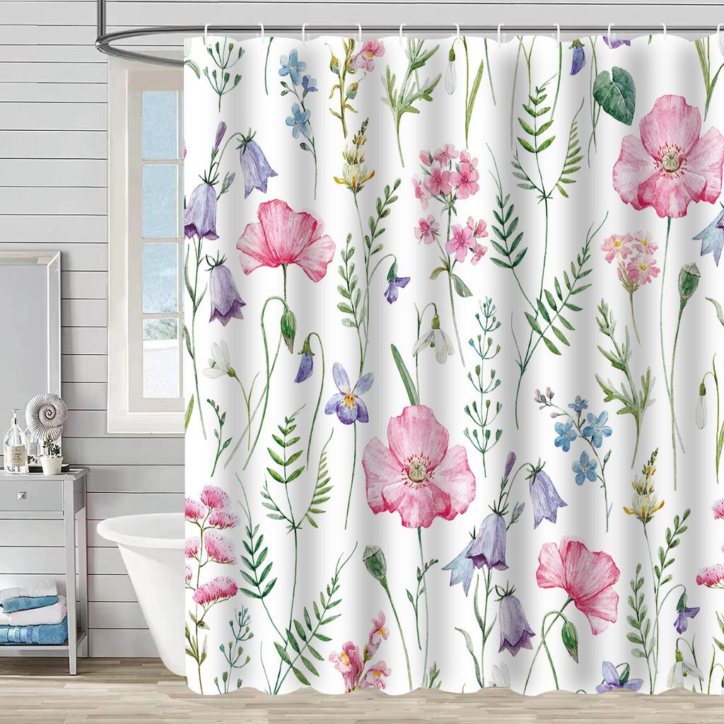 European Flowers, Birds, Plants Bath Curtains Waterproof Shower Curtain 3D Printing Bathroom Decoration with Hook Bath Screen