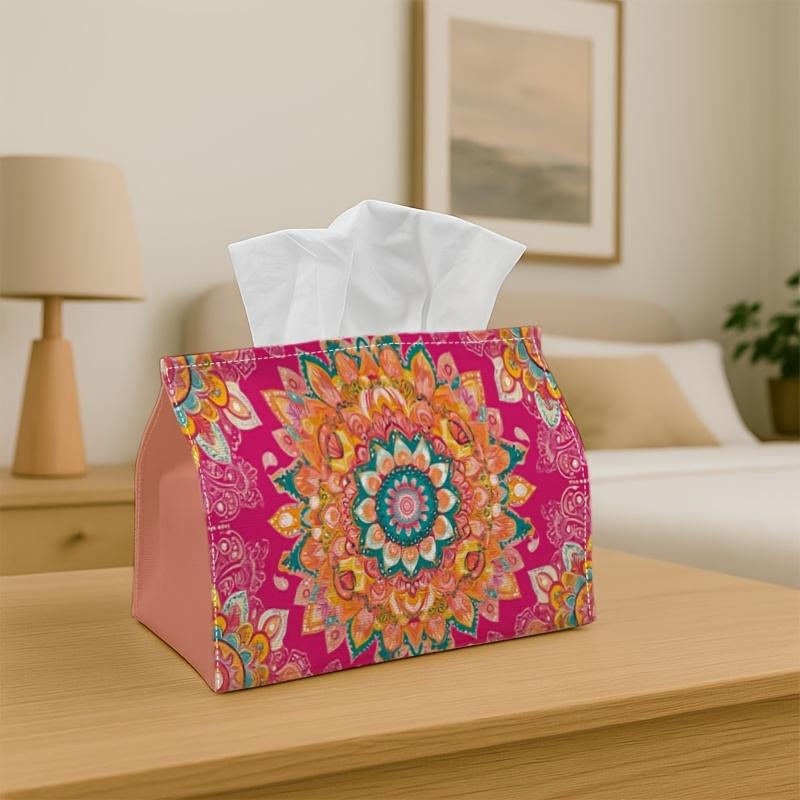 1pc Bohemian Floral Mandala Tissue Box | Multi-Functional Napkin Dispenser, Suitable for Home, Parties, Car Decoration Bright Ethnic Ornament - Decora
