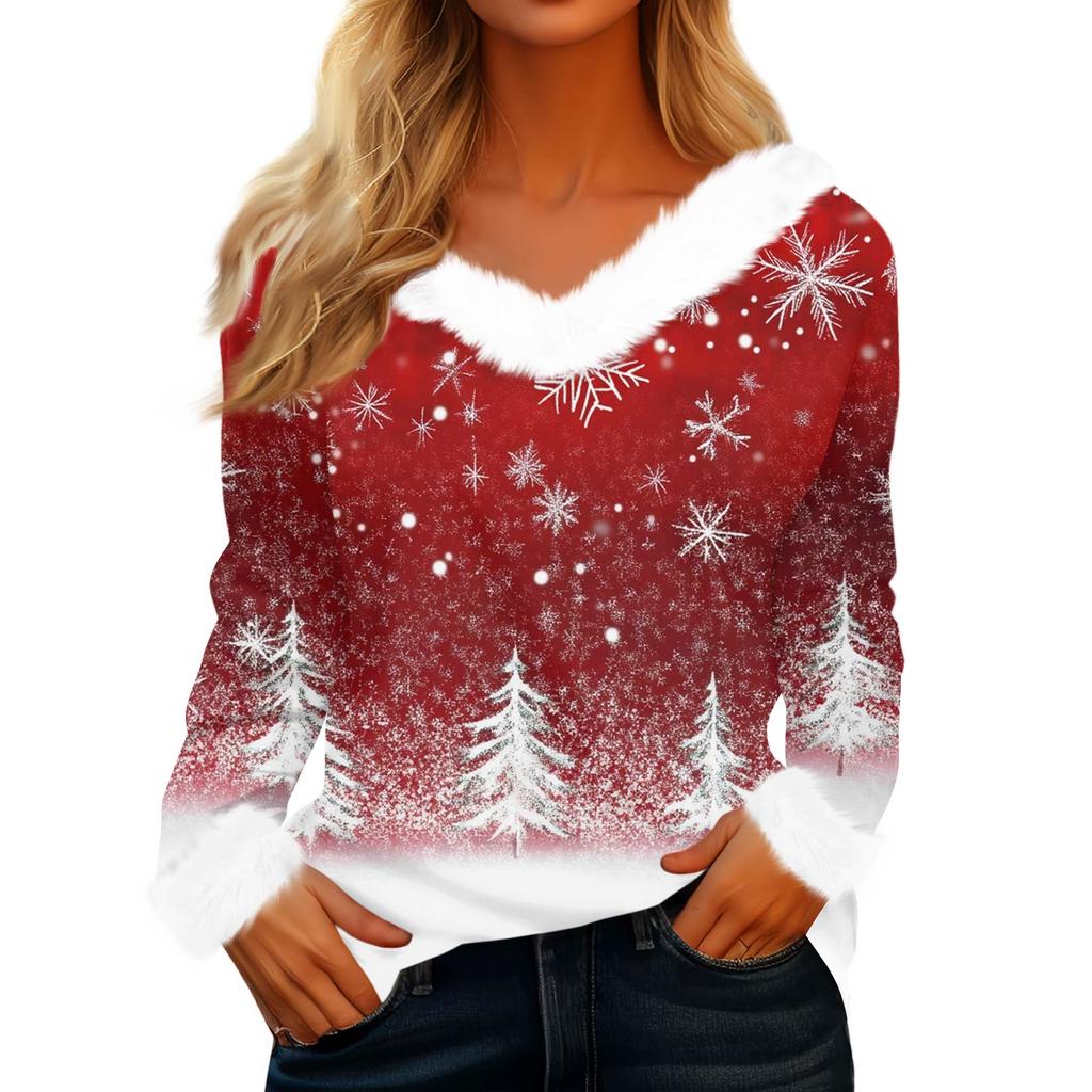 Damen Modisches Lässiges V-Ausschnitt Weihnachts-Print Langarm-Oberteil