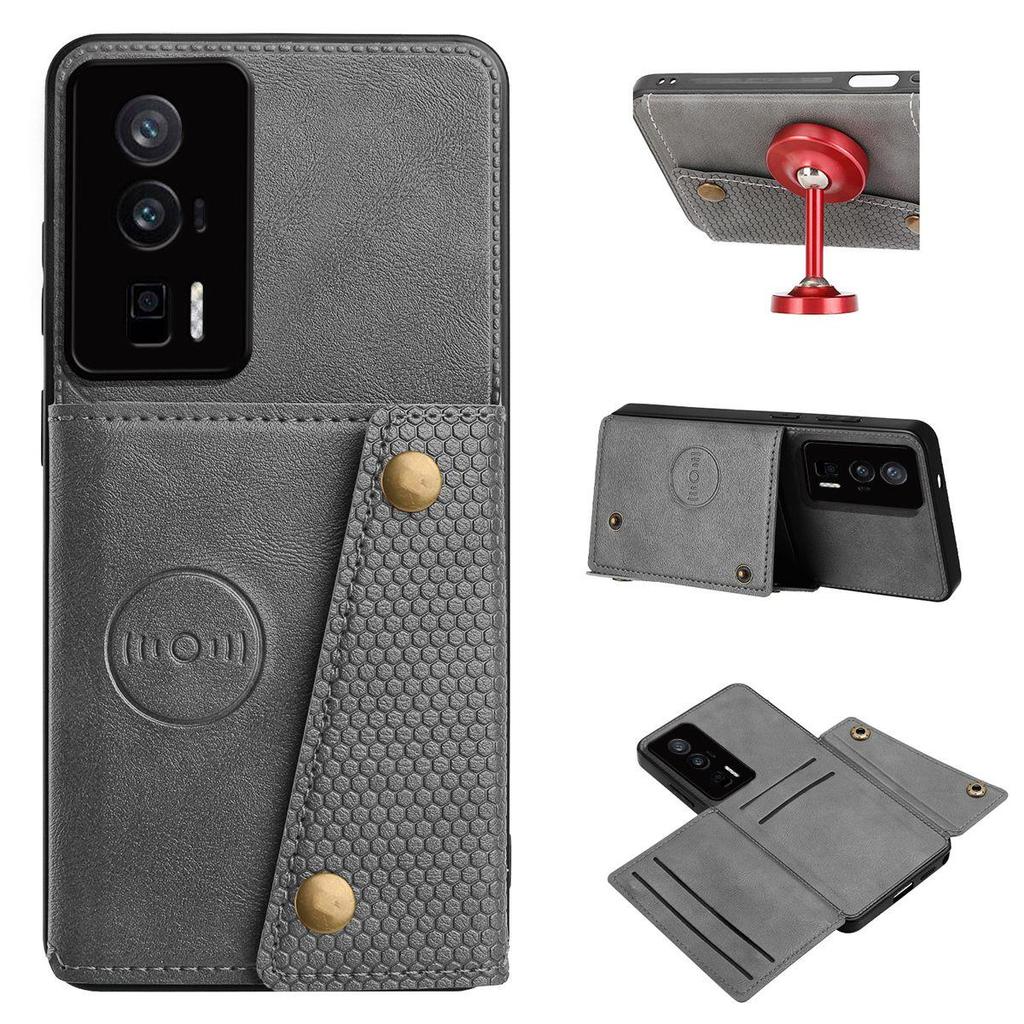 PU Leather Wallet Phone Case for Xiaomi POCO F5 Pro Multiple Card Slots Dual Metal Button Closure Shockproof Full‑Body Protective Cover