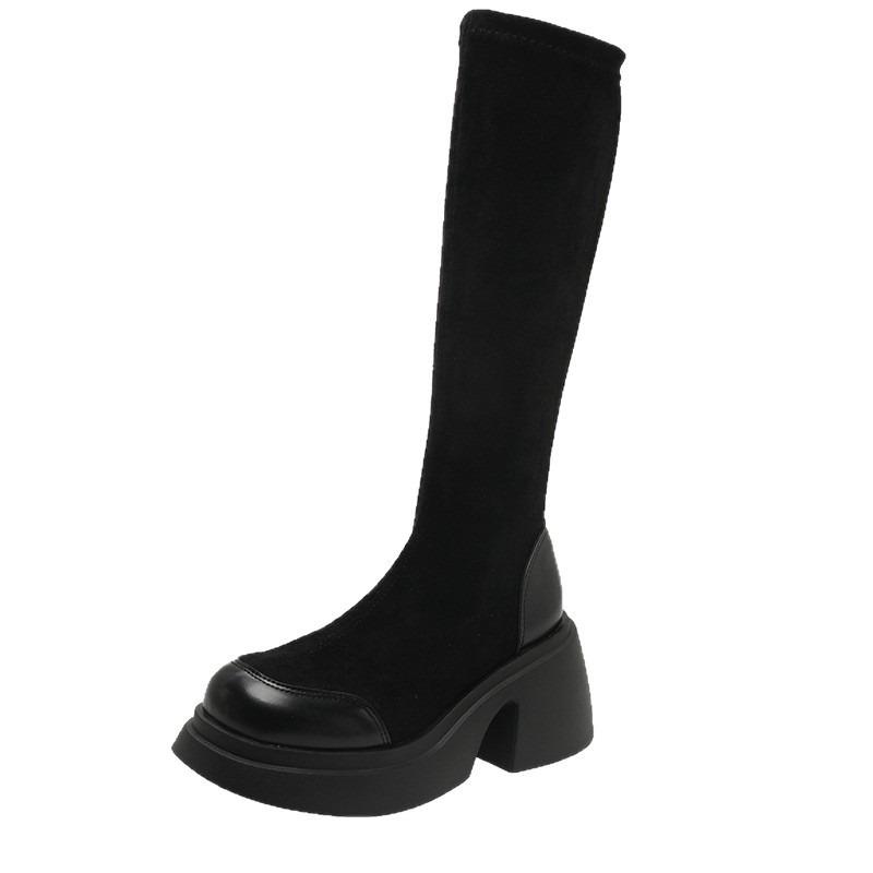 Thick-soled Boots Women's Spring and Autumn Boots Women's Knee-length Small Black Boots Elastic Thin Tall Fashion Boots
