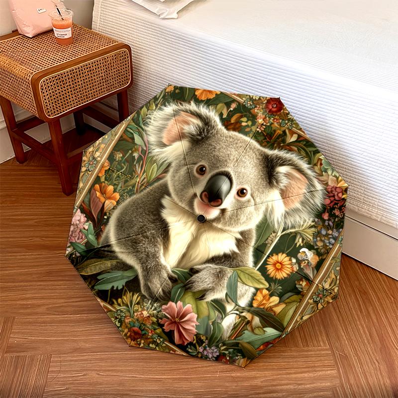 Fantasia koala e fiori, ombrello pieghevole automatico, design portatile e pieghevole, 8 stecche, un regalo di Natale o di compleanno.