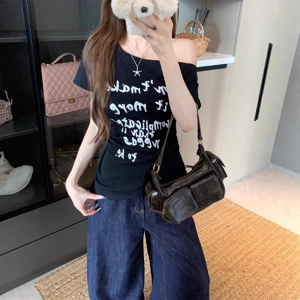 Letter Printed Slash Shoulder Short Sleeve T-Shirt Women's Summer Slim Fit White Design Sense Spice Girl Skinny Versatile Top