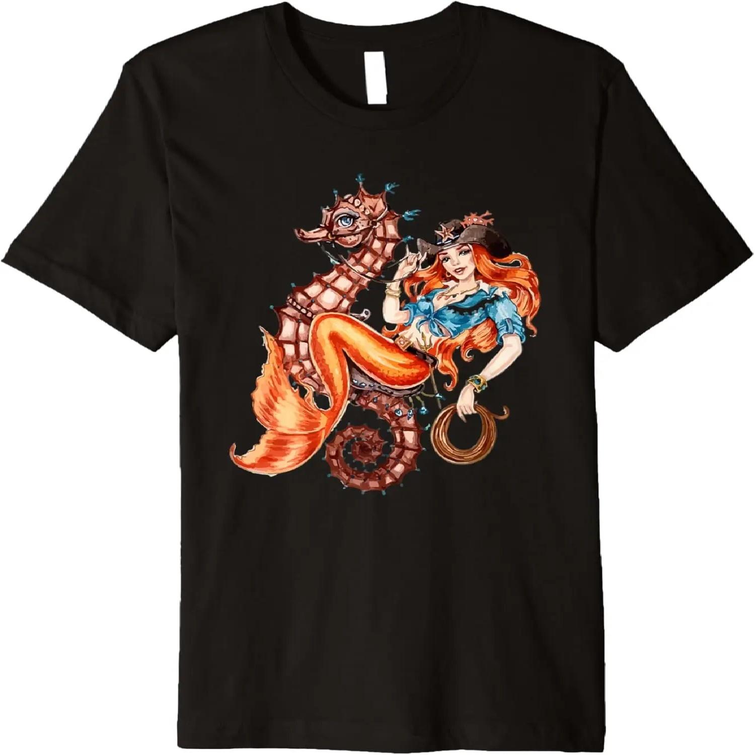 

Mermaid Riding Seahorse Vintage Retro Cowgirl Rodeo Premium T-Shirt XXXXXL чорний