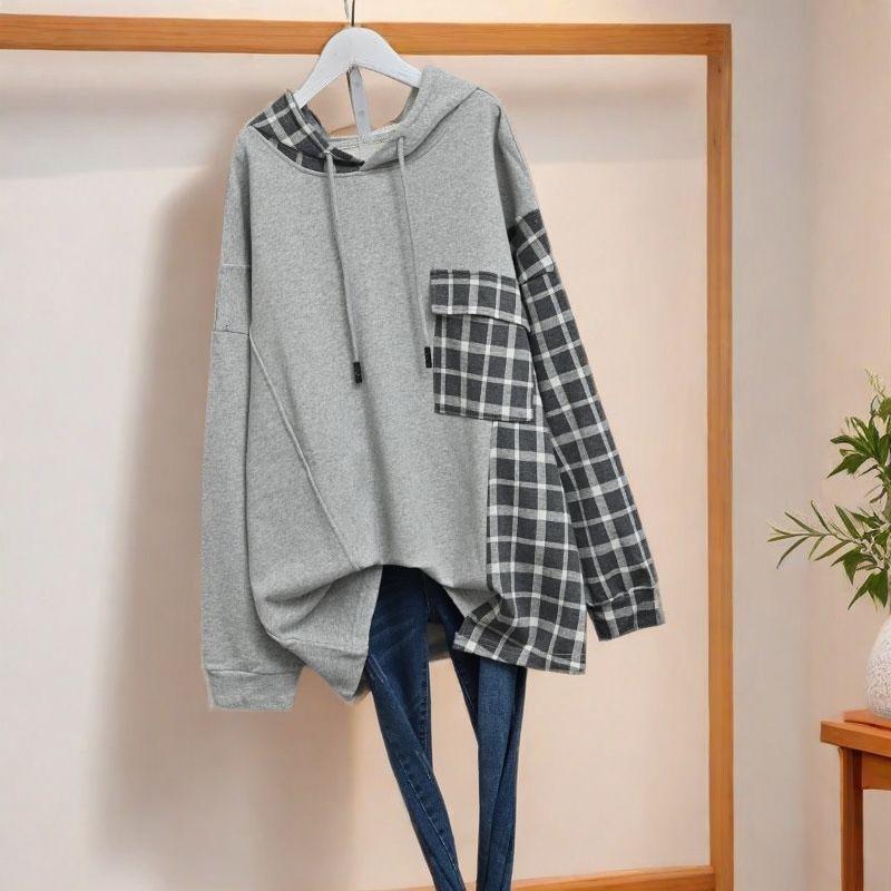 Plus Size Women's Hooded Sweater 2025 Autumn New Korean Loose Splicing Plaid Top