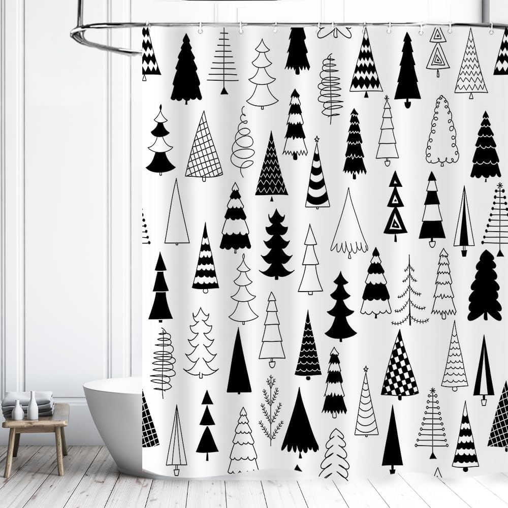 Merry Christmas Black And White Tree Shower Curtain Xmas Pine Pattern New Year Holiday Bathroom Curtains, Winter Trees Bath