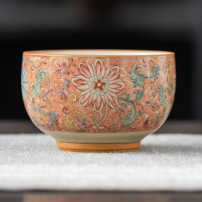 Enamel full color Ru kiln master teacup light luxury retro tea set cup gift box hardcover high-end father teacher gift