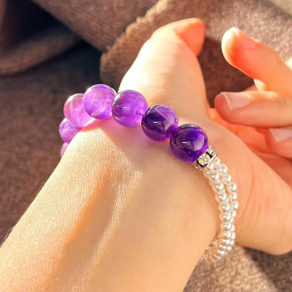 Vintage Design Natural Amethyst Artificial Crystal Pearl Design Lazy Bracelet Bracelet