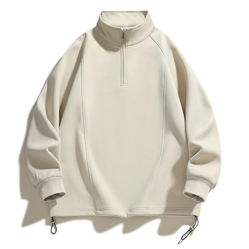 Pánský sportovně ležérní volný top s dlouhým rukávem na zip, jednobarevný rolák se stahovací šňůrkou