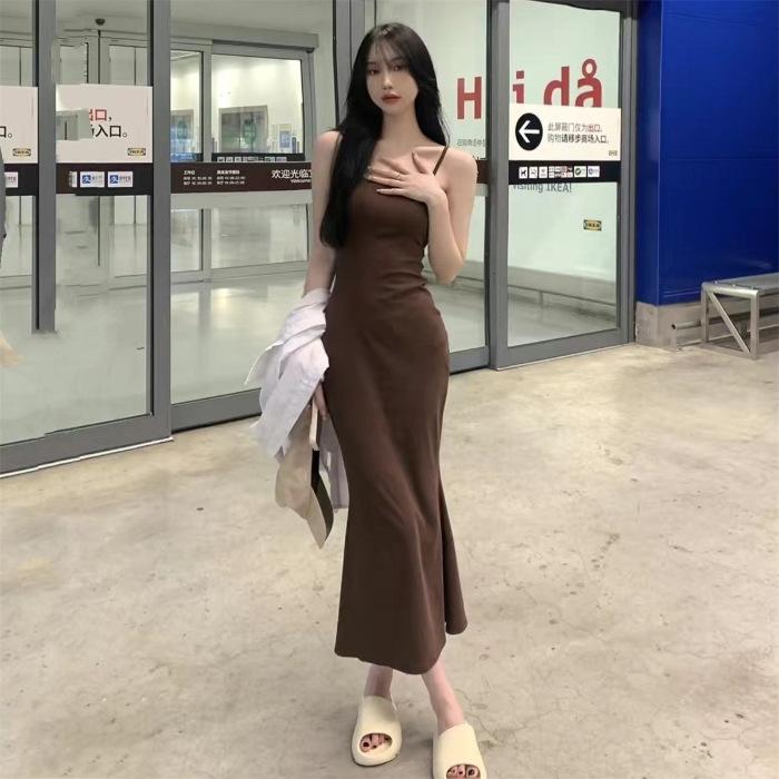 

Sweet Spice Girl Sleeveless Waist Short Sleeve Halter Suspender Dress Women s Summer Pure Desire Temperament Fish Tail Hips Wrap S кофейный