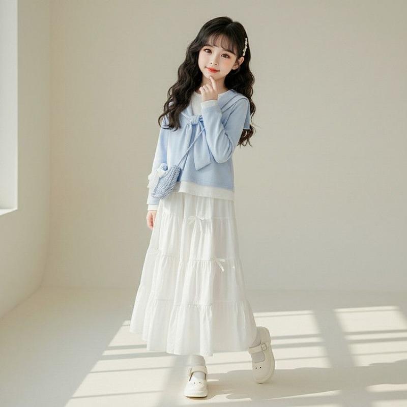 Girls' Sweet Set - Children's Fashion Long-Sleeved Top and Half-Dress Set