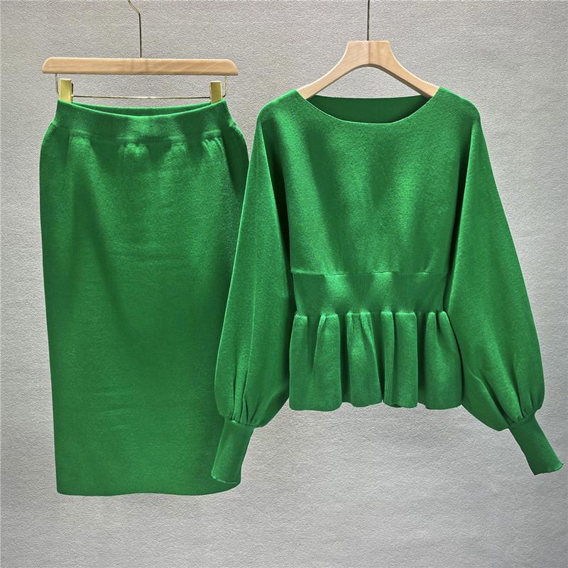 

Универсальный двухпредметный трикотажный комплект и миди-юбка с высокой талией для женщин - Весенняя коллекция One Size зелёный