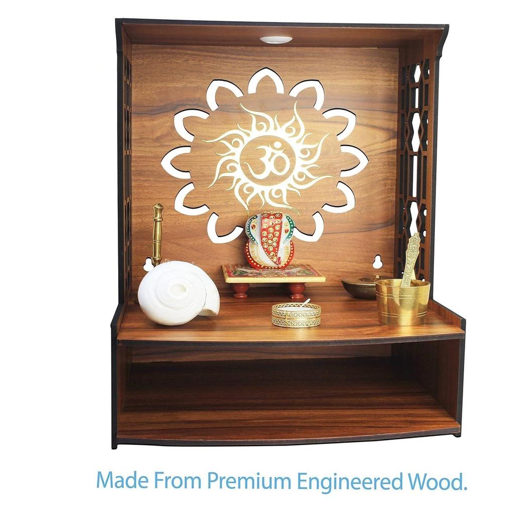 Mangal Beautiful Wooden Pooja Stand for Home, Temple, Office, Wall Mounted Puja Mandir with LED Spot Light, Size (H- 15.5, L- 11.5, W-11 Inch)