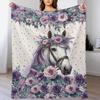 White Horse Blanket Blue Rose Floral Butterfly Throw Blanket Aesthetic Watercolor Animal Flower Bedding Cozy Gifts For Women