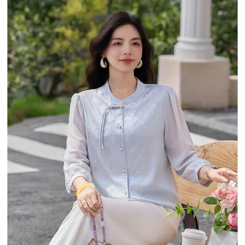 Chinese Style Embroidered Chiffon Blouse XL