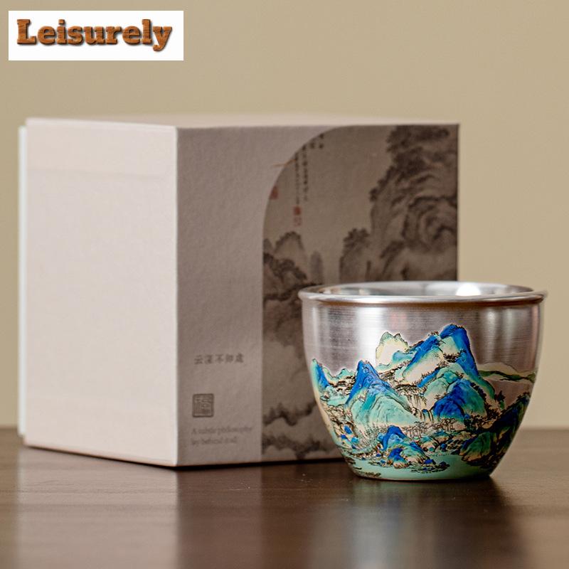 100 ml Handamde pozlacený stříbrný šálek na čaj Krajina Keramický mistrovský šálek Čínský puer hrnky na čaj Hrnky na čaj Kung Fu Dárková krabička