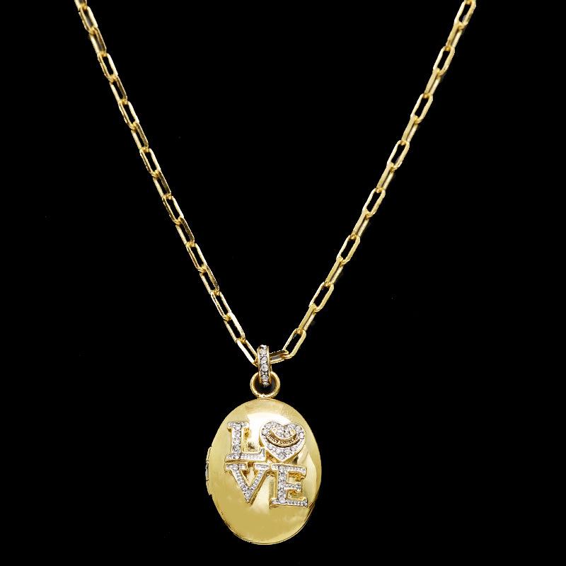 Rhinestone Love Letter Gold Oval Plate Openable Pendant Long Necklace
