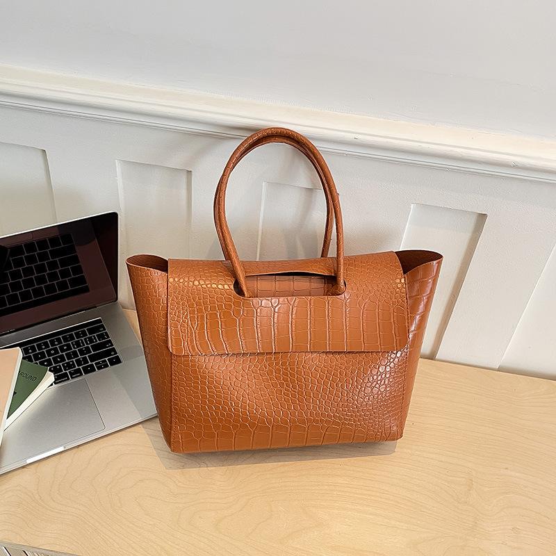Crocodile Pattern Handbag, Women's Large-capacity Retro Fashion Commuter Tote Bag, High-end Simple and Versatile Shoulder Bag