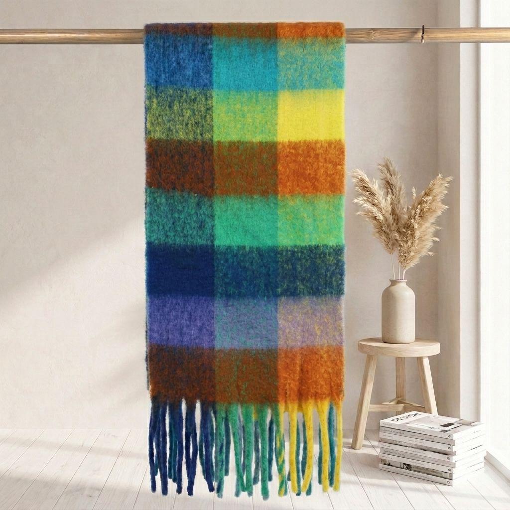Women's High-Grade Colorful Plaid Mohair Scarf - Thick, Warm, and Versatile for Winter