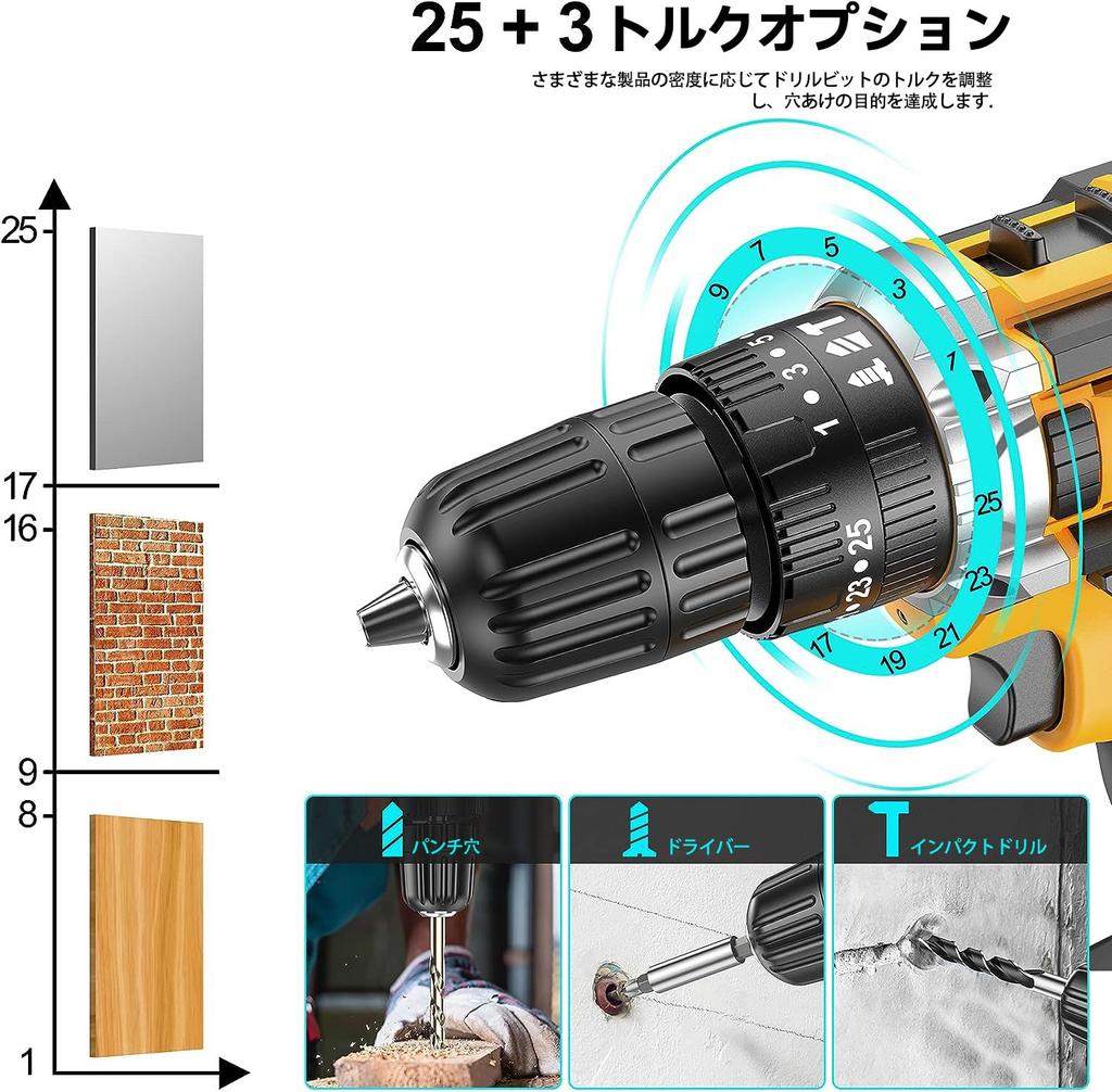 Electric Drill for 21V Cordless Drill Maximum Torque Stepless Speed Compact Design for DIY Furniture LED Includes Two 2000mAh Batteries Multi-function