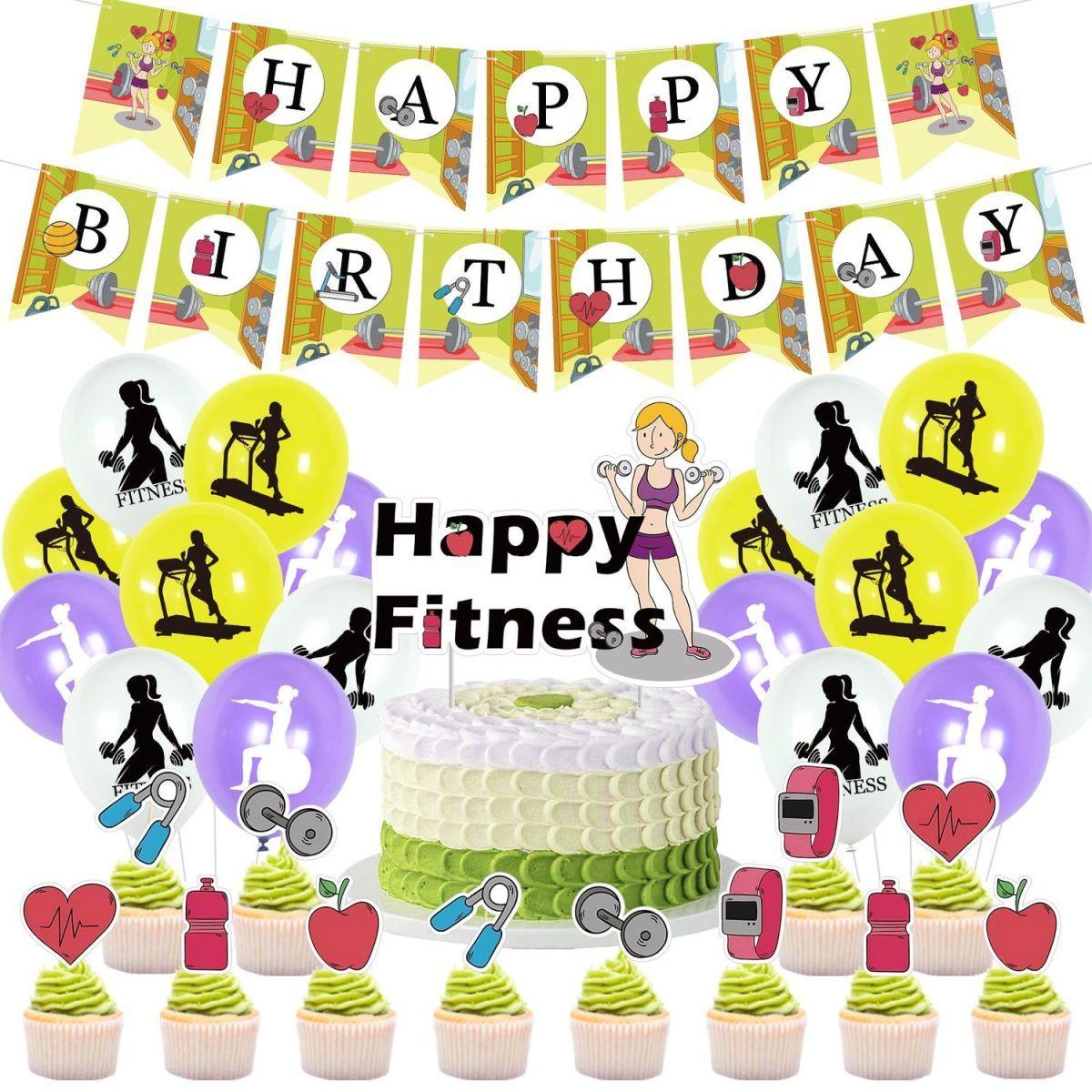 Fitness Fitness Exercise Theme Birthday Party Decoration Set - Balloon Banner, Cake Insert Card, Birthday Party Decoration Fitness theme