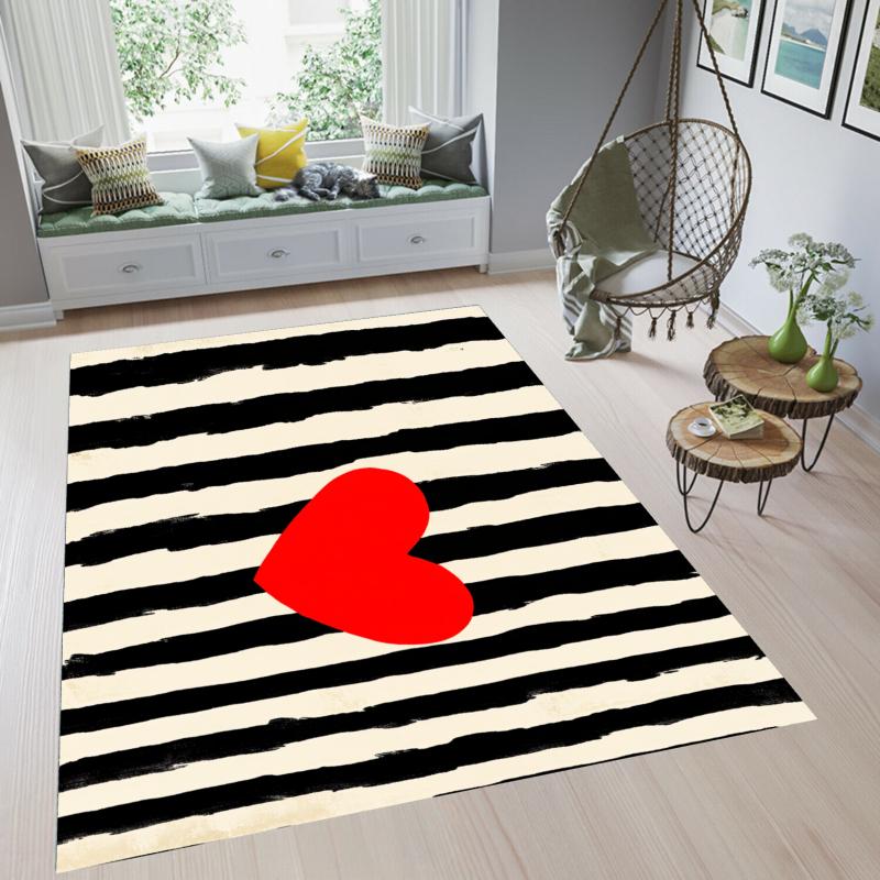 Pop Art Heart Rug Black White Stripe Entryway Doormat Front Door Rugs Non Slip Soft Easy Clean Durable Romantic Decor Carpet